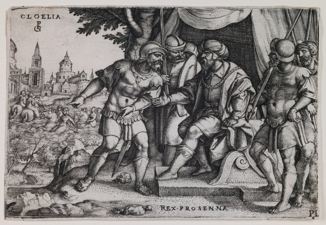 Cloelia en de Etruskische koning Porsenna, ca.1536-37 (gravure) door Georg Pencz