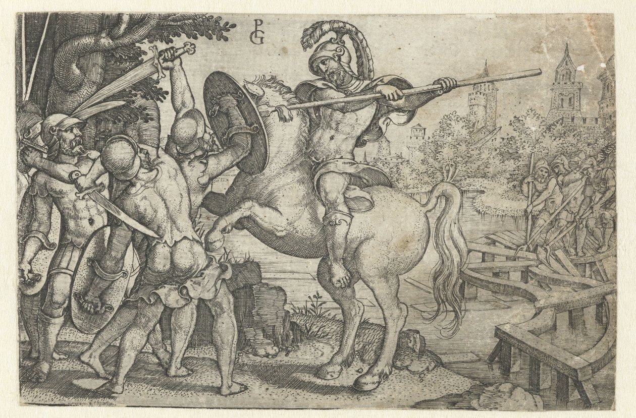 Horatius Cocles verdedigt de brug over de Tiber Verhalen uit vroege Romeinse geschiedenis door Georg Pencz