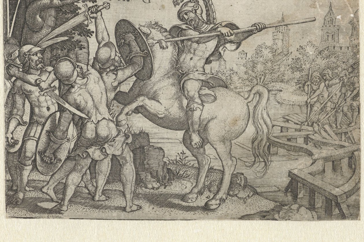 Horatius Cocles verdedigt de brug over de Tiber (Verhalen uit vroege Romeinse geschiedenis) door Georg Pencz
