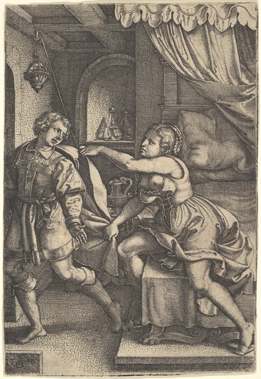 Jozef loopt weg van Potifars vrouw, die zijn mantel met beide handen vastgrijpt terwijl ze..., 1546 door Georg Pencz