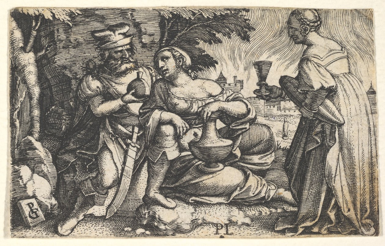 Lot en zijn dochters: een dochter rust met haar rechterarm op Lots knie en een andere..., ca. 1531 door Georg Pencz