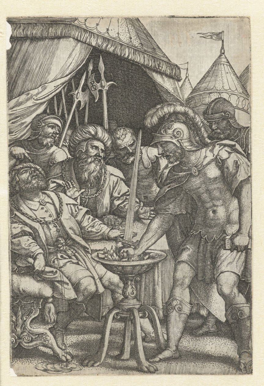 Mucius Scaevola steekt rechterhand in het vuur door Georg Pencz