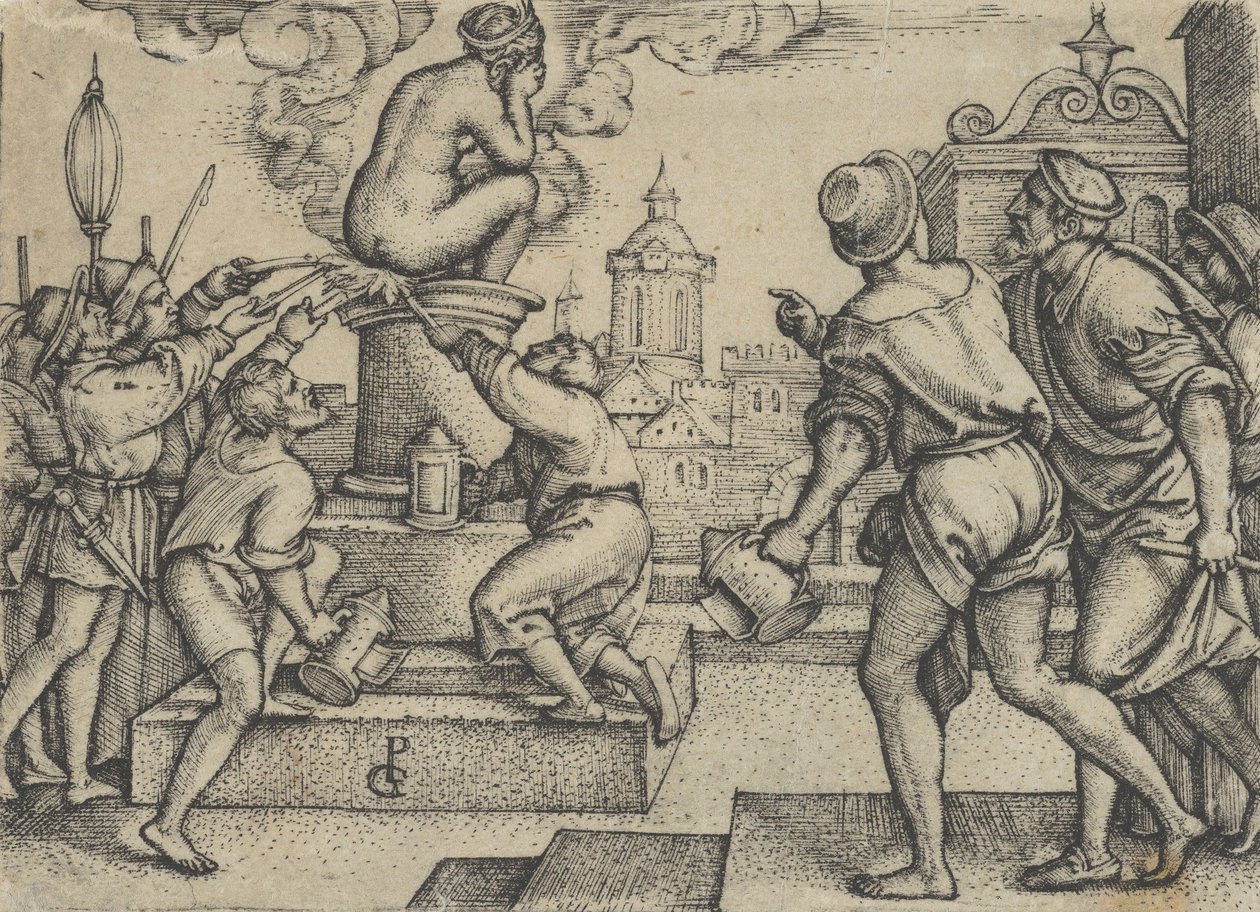 De gestrafte courtisane, uit Het verhaal van de magiër Virgil door Georg Pencz