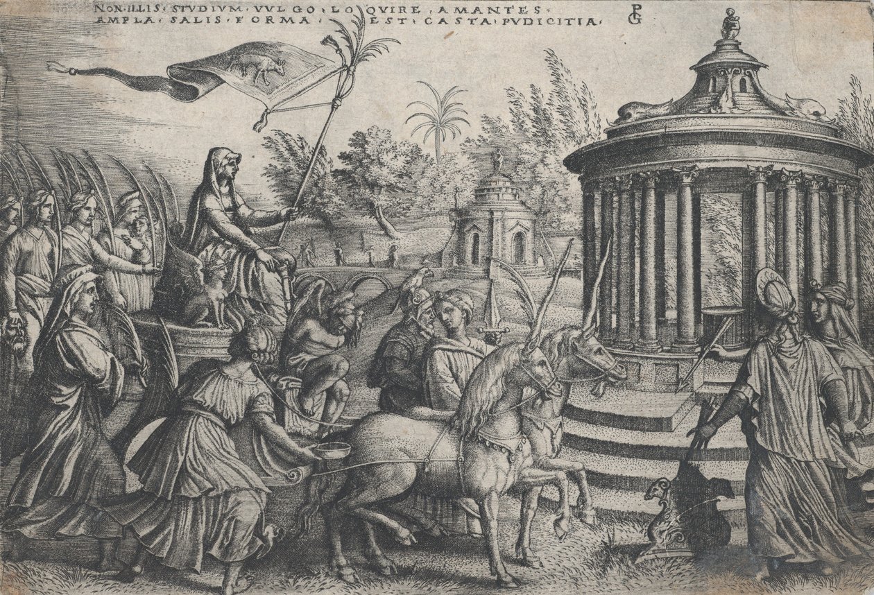 De triomf van kuisheid op liefde, uit de triomfen van Petrarca door Georg Pencz