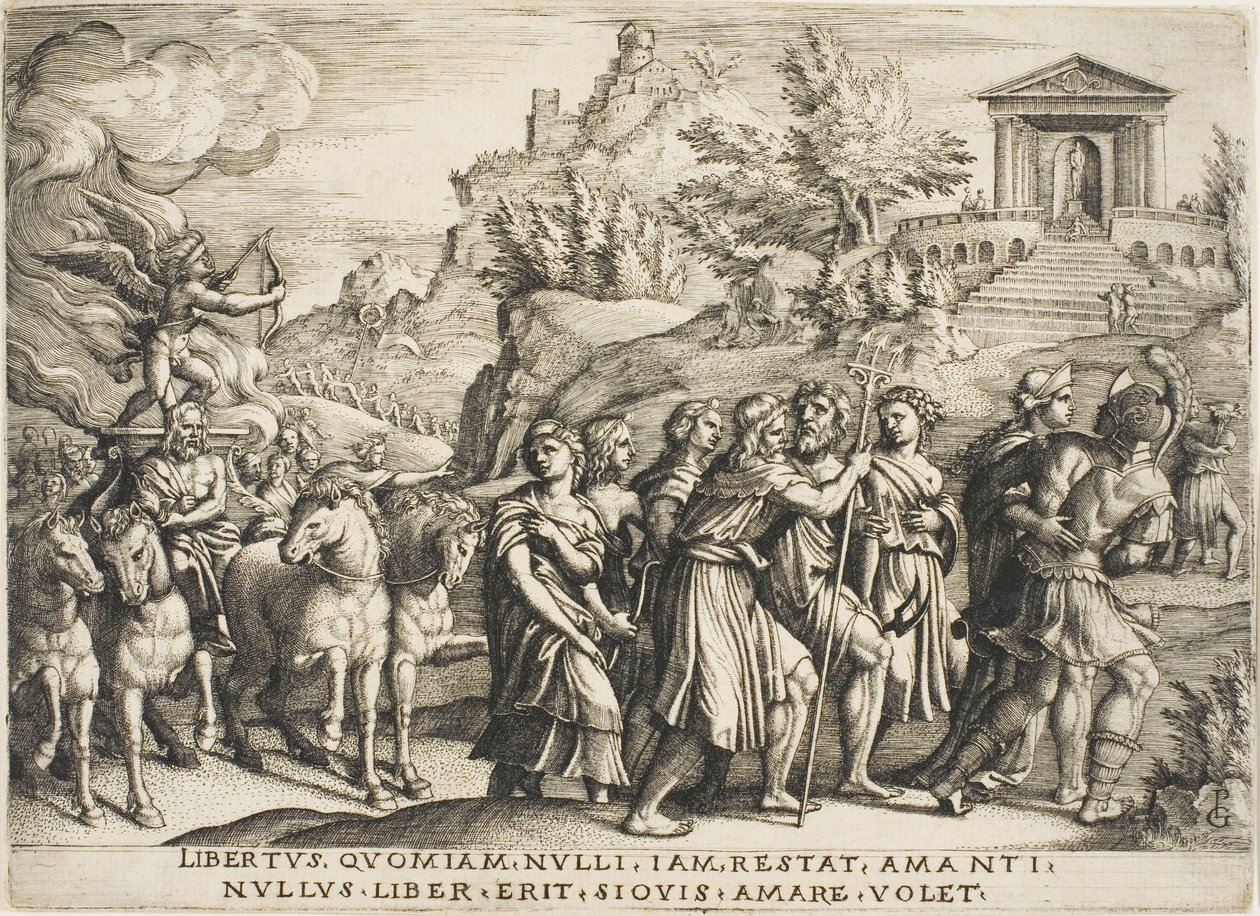 De Triomf van de Liefde, plaat één uit De Triomfen van Petrarca door Georg Pencz