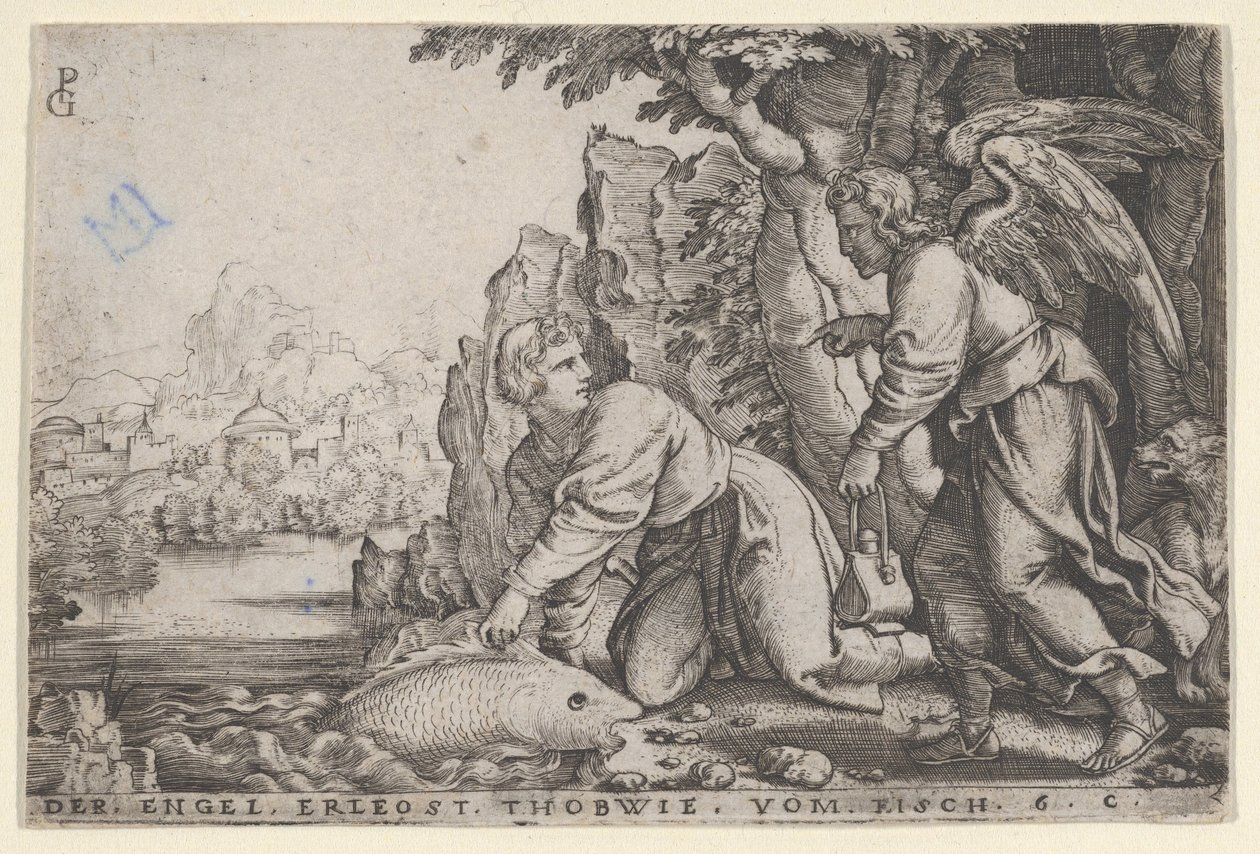 Tobiolus vangt de vis, uit Het verhaal van Tobias door Georg Pencz