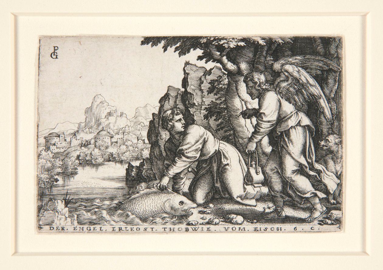Tobit en de Engel, pl. 5 uit de serie Het Verhaal van Tobit door Georg Pencz