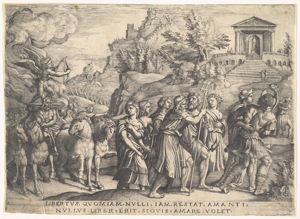 Triomf van de liefde: vier paarden trekken een wagen met Cupido staand op een rokend platform, ca. 1539 door Georg Pencz