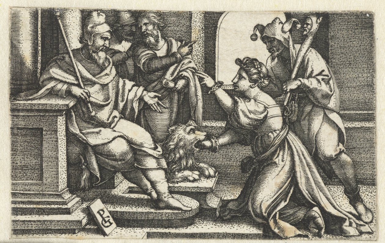 Vrouw verklaart onder ede haar onschuld door Georg Pencz