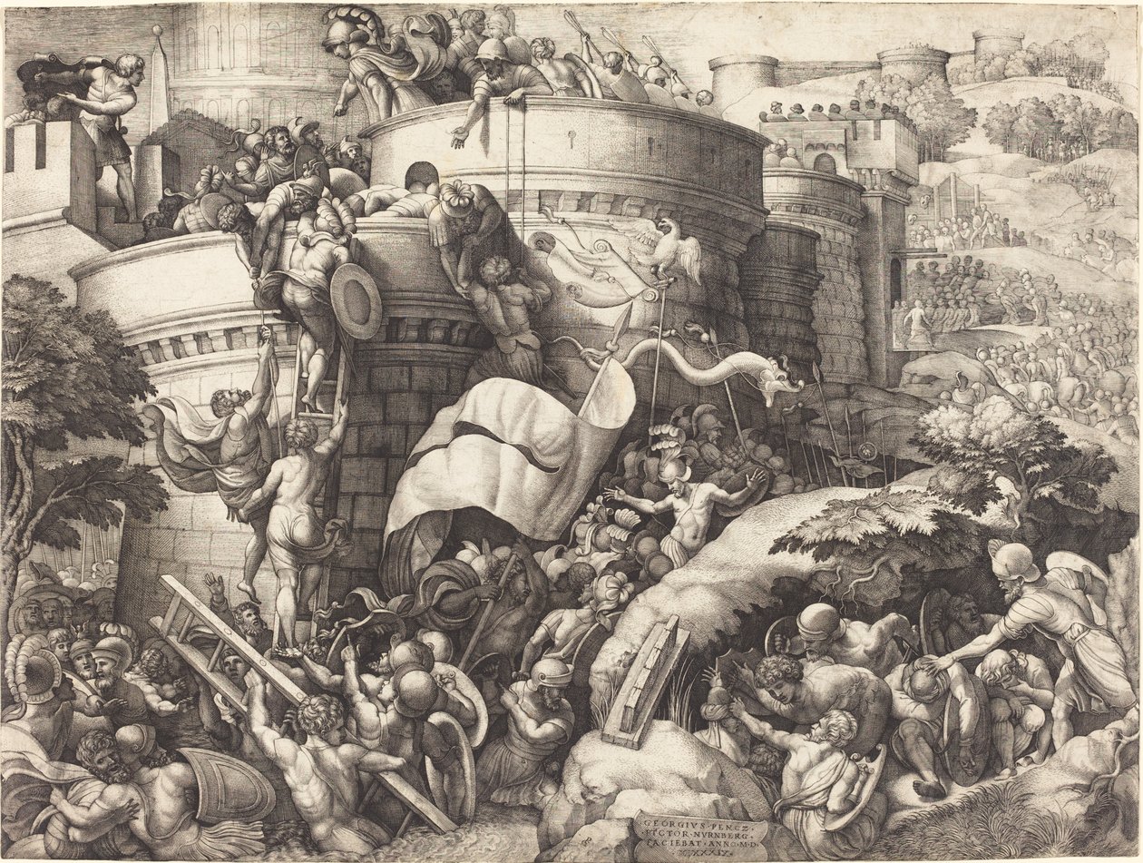 De inname van Cartagena door Georg Pencz after Giulio Romano