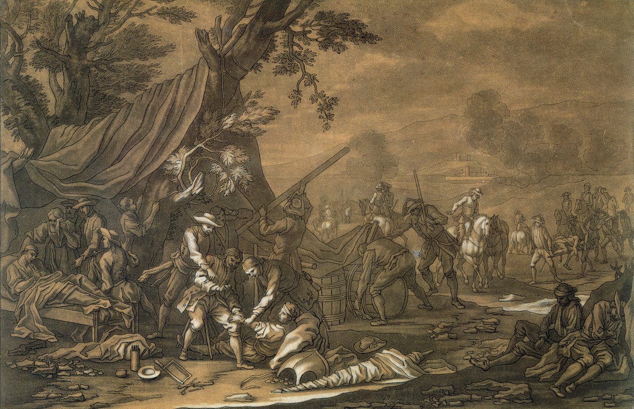 Militair chirurg op het slagveld tijdens de Spaanse Successieoorlog, 1707, gegraveerd door Christian Rugendas (1708-81) door Georg Philipp I Rugendas