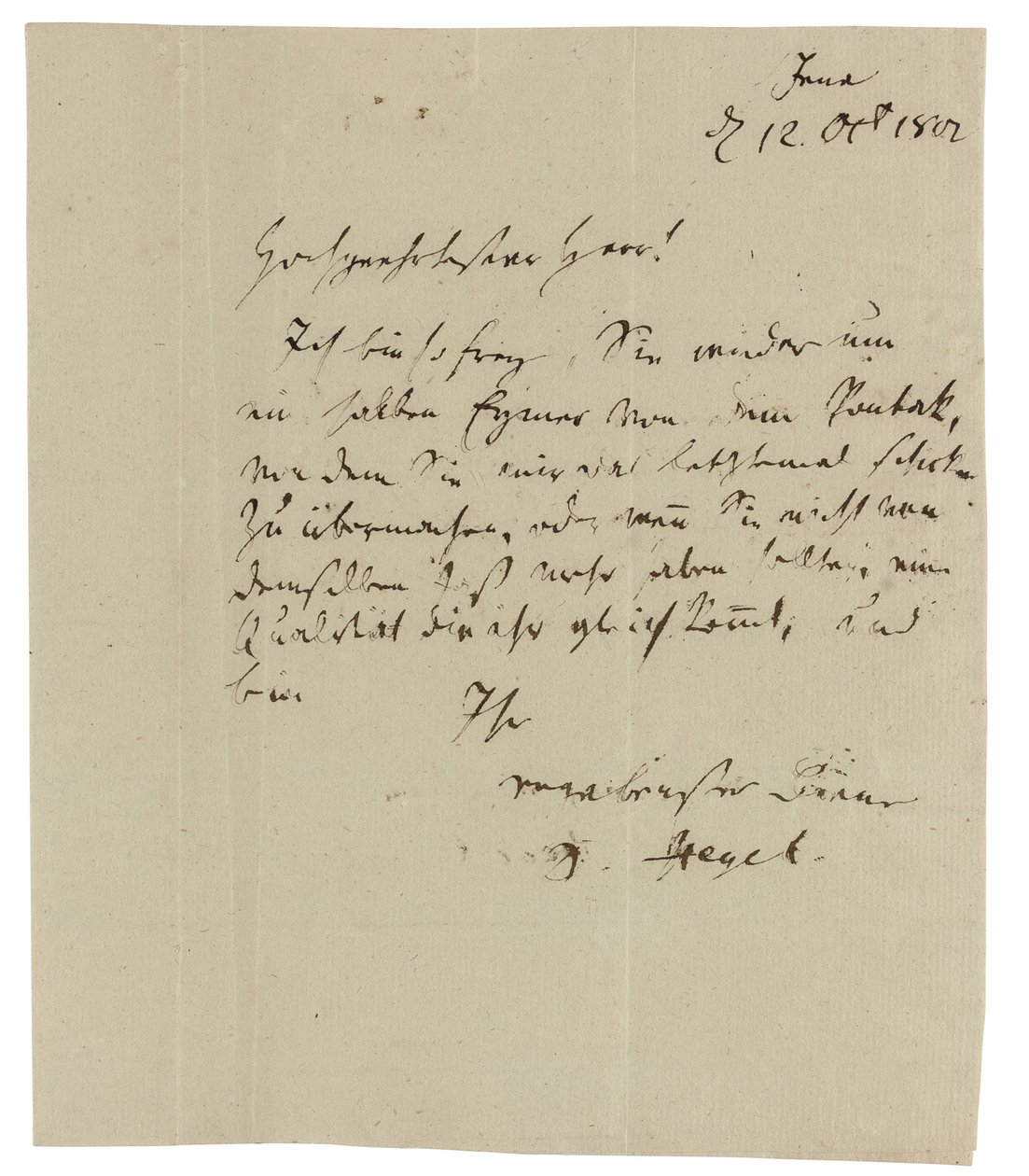 Handgeschreven brief aan Gebruder Ramann (wijnhandelaren in Erfurt), Jena door Georg Wilhelm Friedrich Hegel