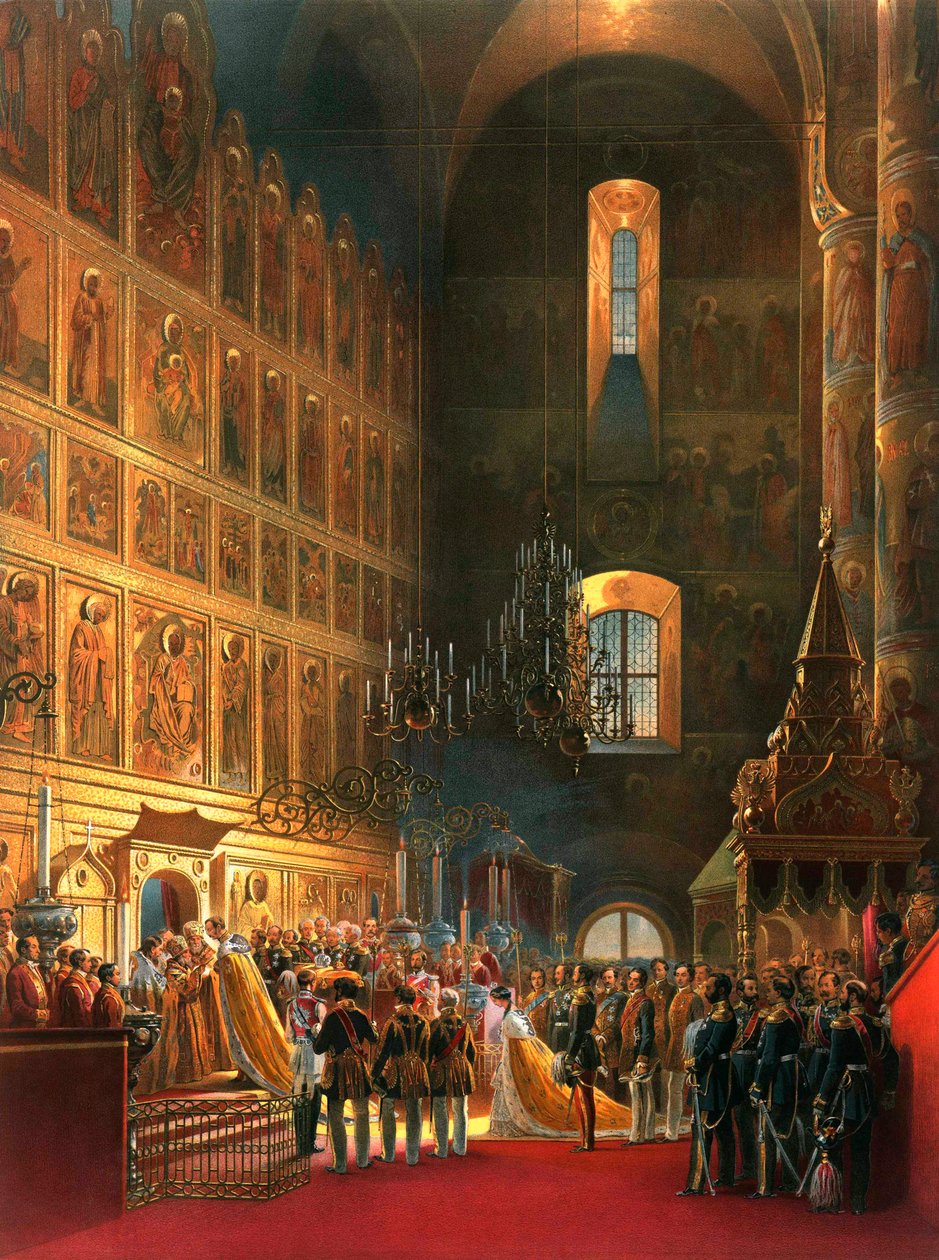 De zalving van Tsaar Alexander II van Rusland, Moskou, 1856 door Georg Wilhelm Timm