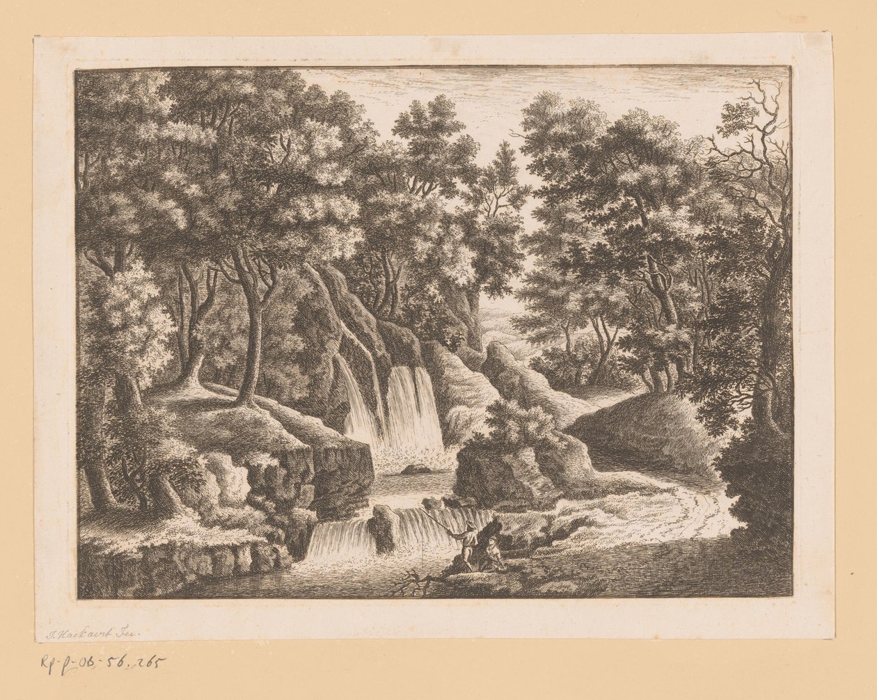 Waterval in bos met twee vissers op voorgrond door Georg Wolfgang Knorr (possibly)