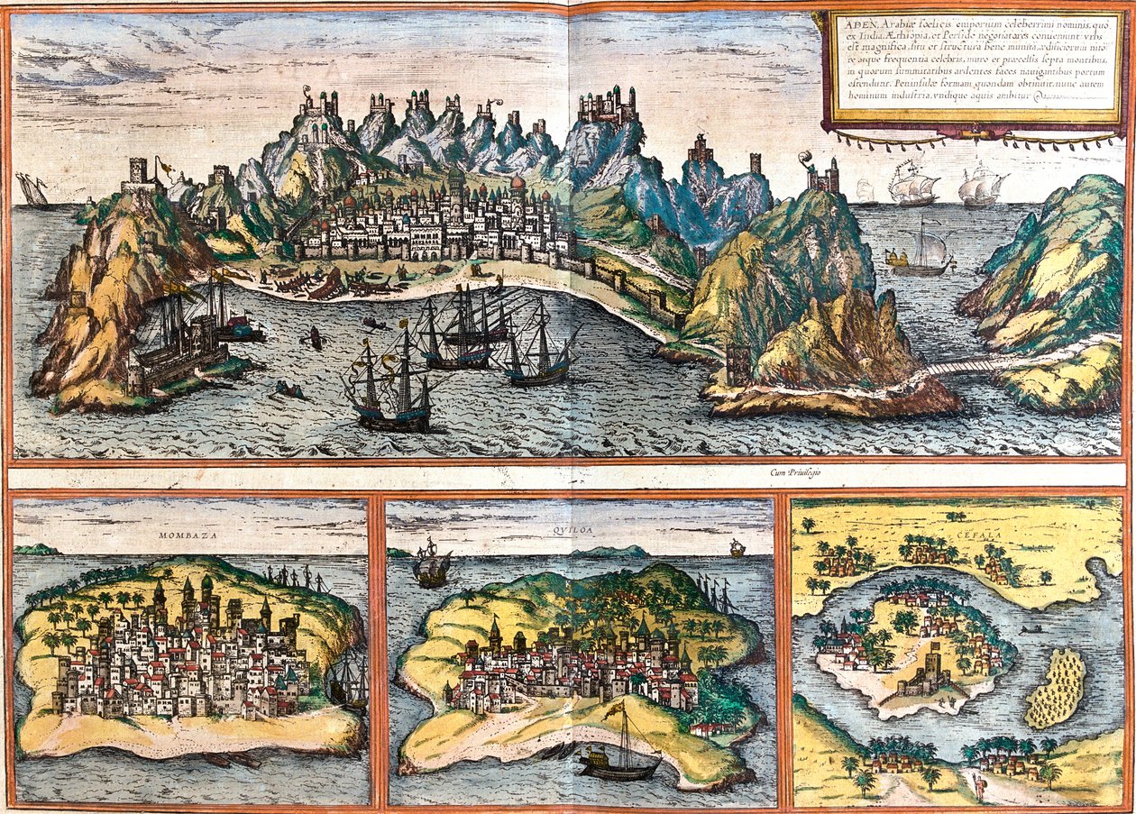 Aden, Mombasa, Kilwa, Nova Sofala, Jemen, Kenia, Tanzania, Mozambique door Georg and Hogenberg Franz (1535 90) Braun