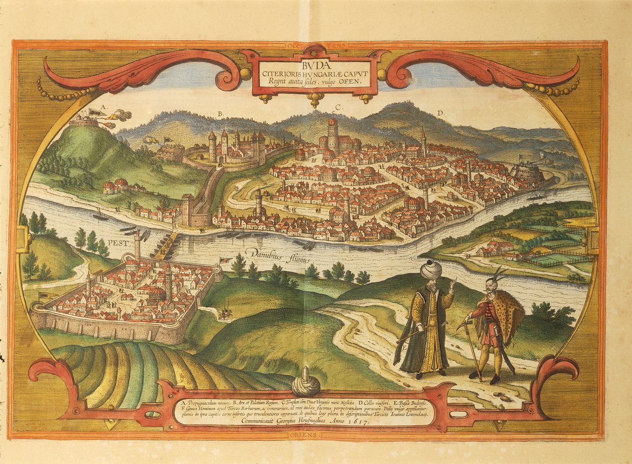 Boedapest uit Civitates Orbis Terrarum door Georg Braun and Hogenberg Franz