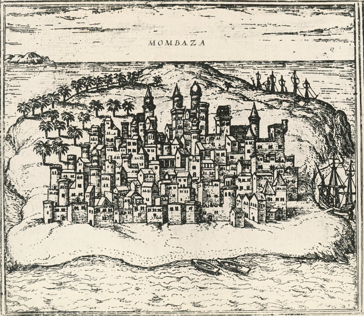 Stad Mombasa in Kenia, gravure uit Civitates Orbis Terrarum door Georg Braun and Hogenberg Franz