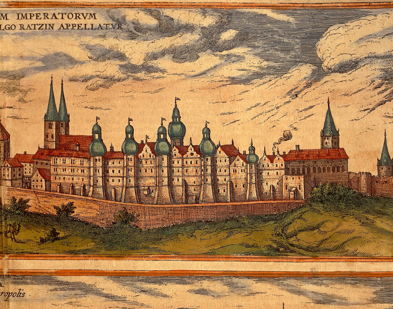 Tsjechië, Praag, Uitzicht op het Paleis, kleuren gravure uit Civitates Orbis Terrarum door Georg Braun en Franz Hogenberg door Georg Braun and Hogenberg Franz