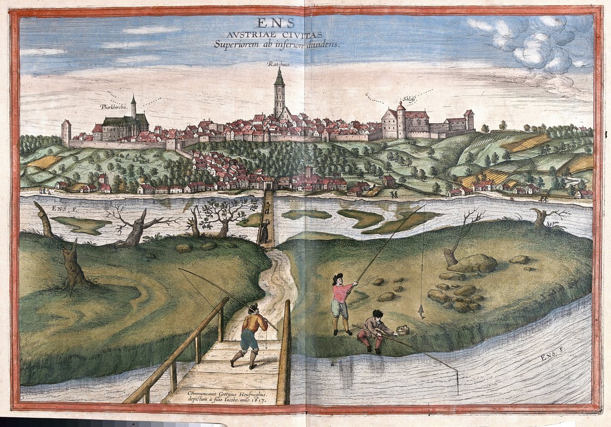 Enns, Oostenrijk (gravure) door Georg Braun and Hogenberg Franz