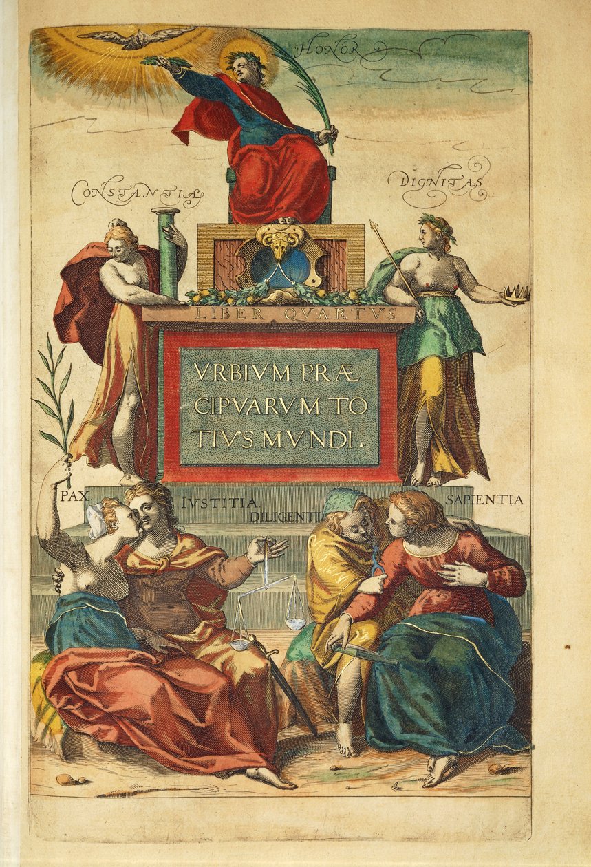Frontispice van deel IV met allegorische figuren uit Civitates Orbis Terrarum door Georg Braun door Georg Braun and Hogenberg Franz