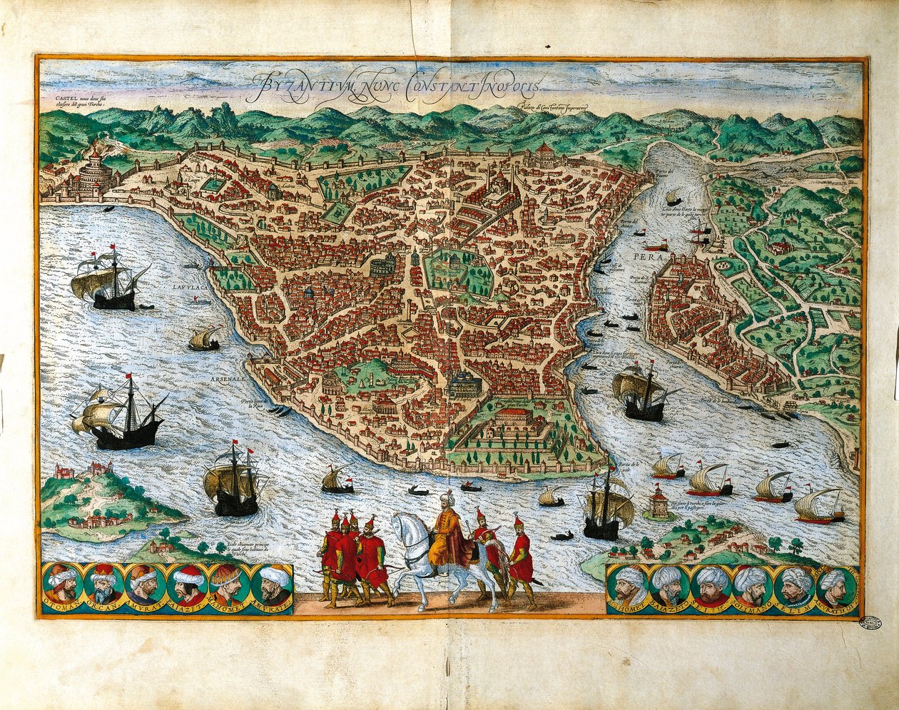 Italië, Milaan, Perspectief van de stad Constantinopel door Georg Braun and Hogenberg Franz