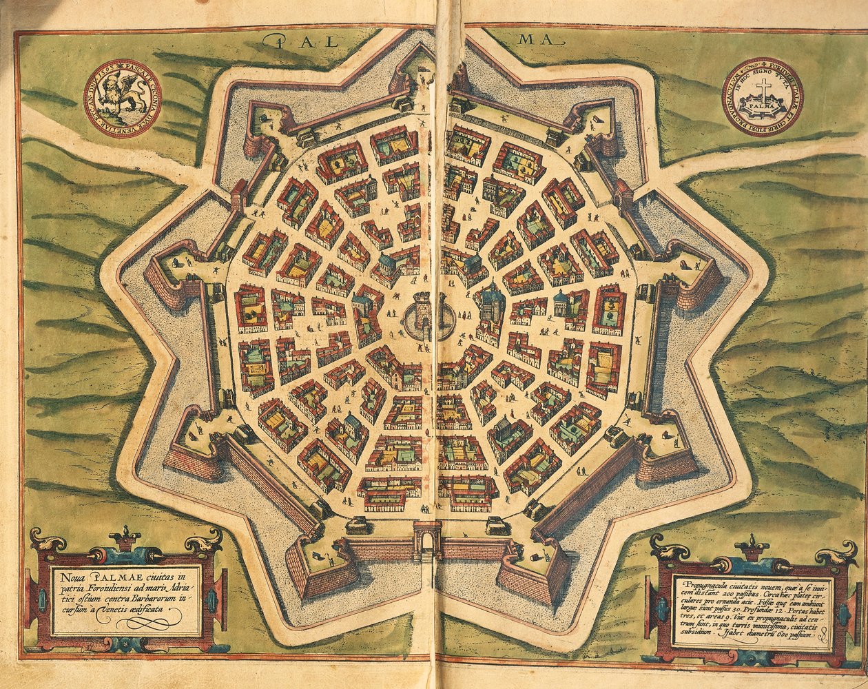 Italië, Palmanova, kaart, gravure uit Civitates Orbis Terrarum door Georg Braun and Hogenberg Franz