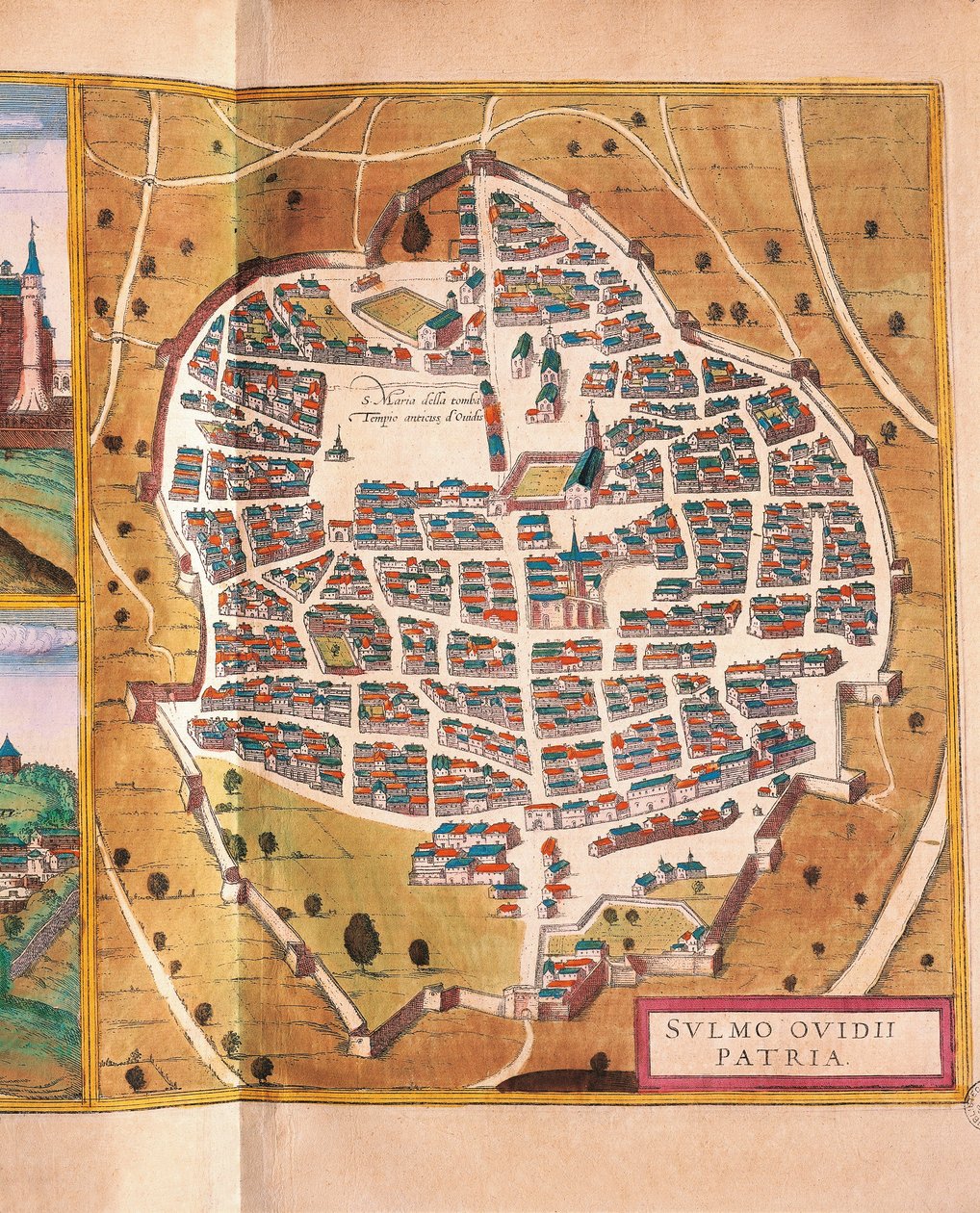 Italië, Sulmona, De stad Sulmona uit Civitates Orbis Terrarum door Georg Braun en Franz Hogenberg, gravure door Georg Braun and Hogenberg Franz