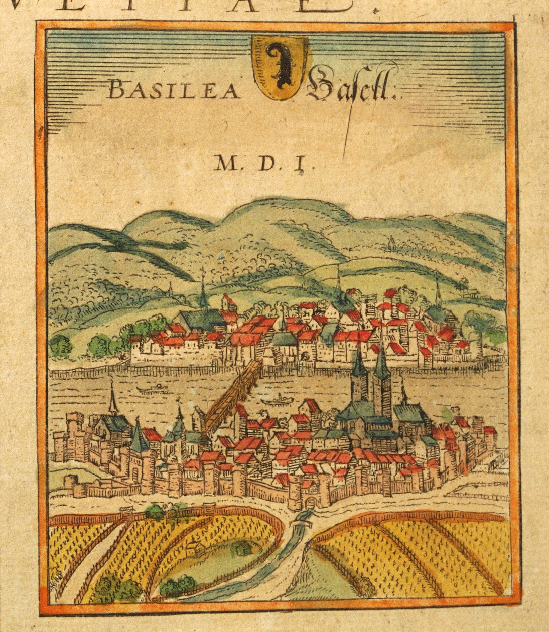 Kaart van Basel uit Civitates Orbis Terrarum door Georg Braun and Hogenberg Franz