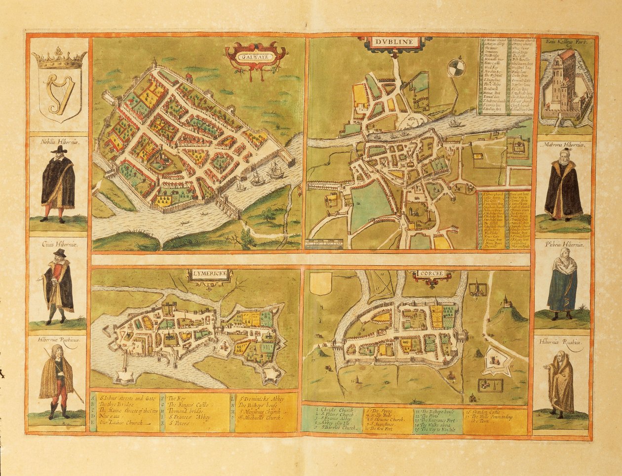 Kaart van Galway, Dublin, Limerick en Cork uit Civitates Orbis Terrarum door Georg Braun and Hogenberg Franz