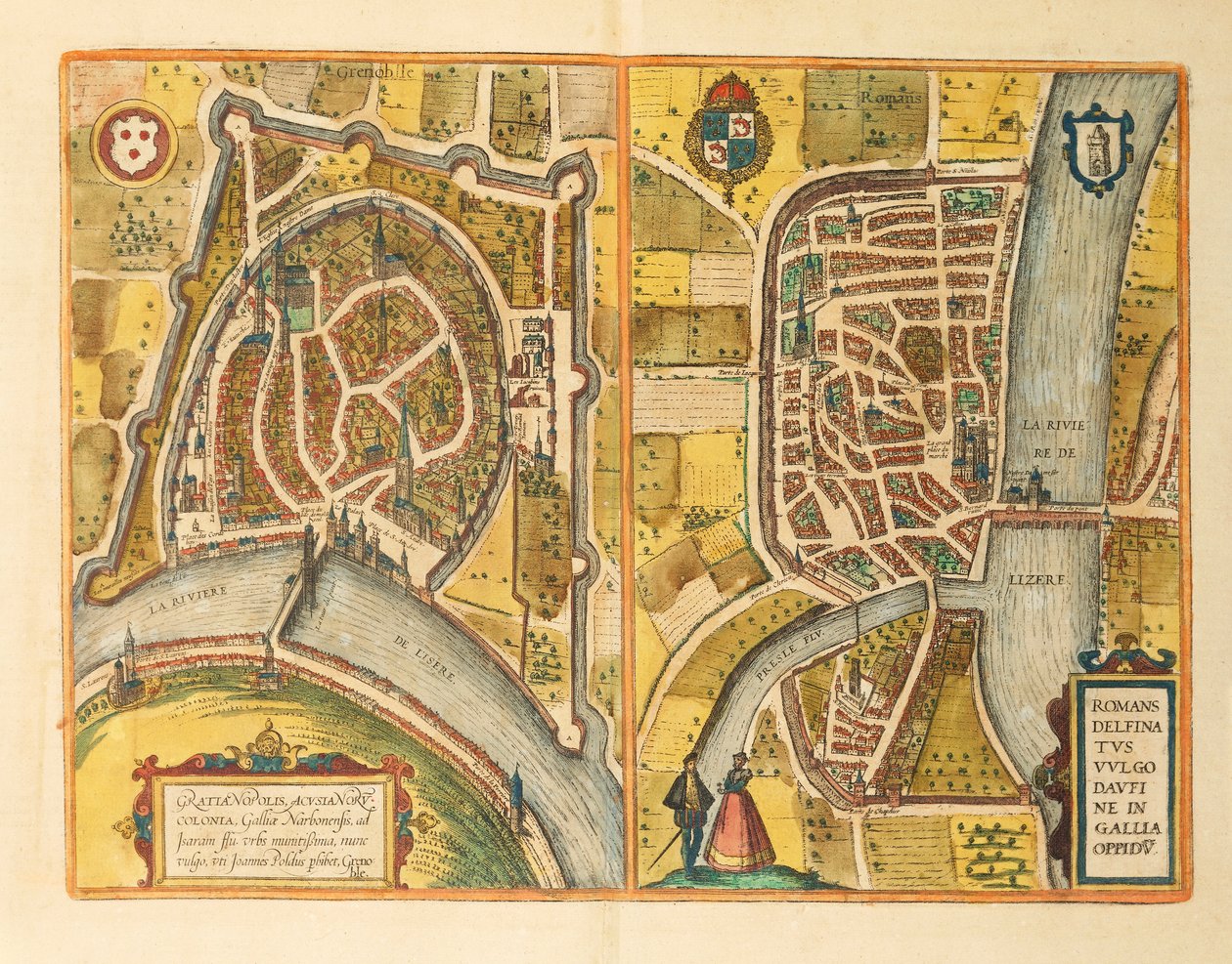 Kaart van Grenoble en Le Mans uit Civitates Orbis Terrarum door Georg Braun door Georg Braun and Hogenberg Franz