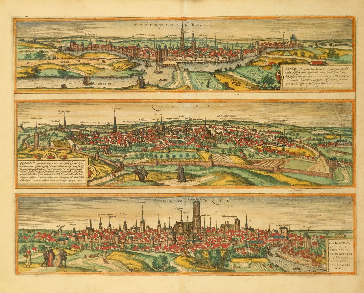 Kaart van Hertogenbosch, Leuven en Mechelen uit Civitates Orbis Terrarum door Georg Braun door Georg Braun and Hogenberg Franz