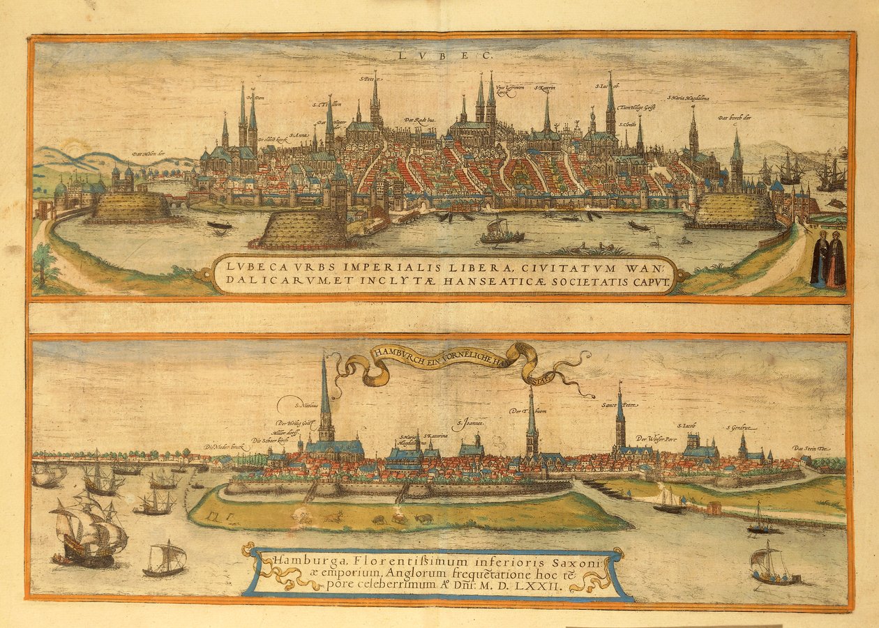 Kaart van Lübeck en Hamburg uit Civitates Orbis Terrarum door Georg Braun and Hogenberg Franz