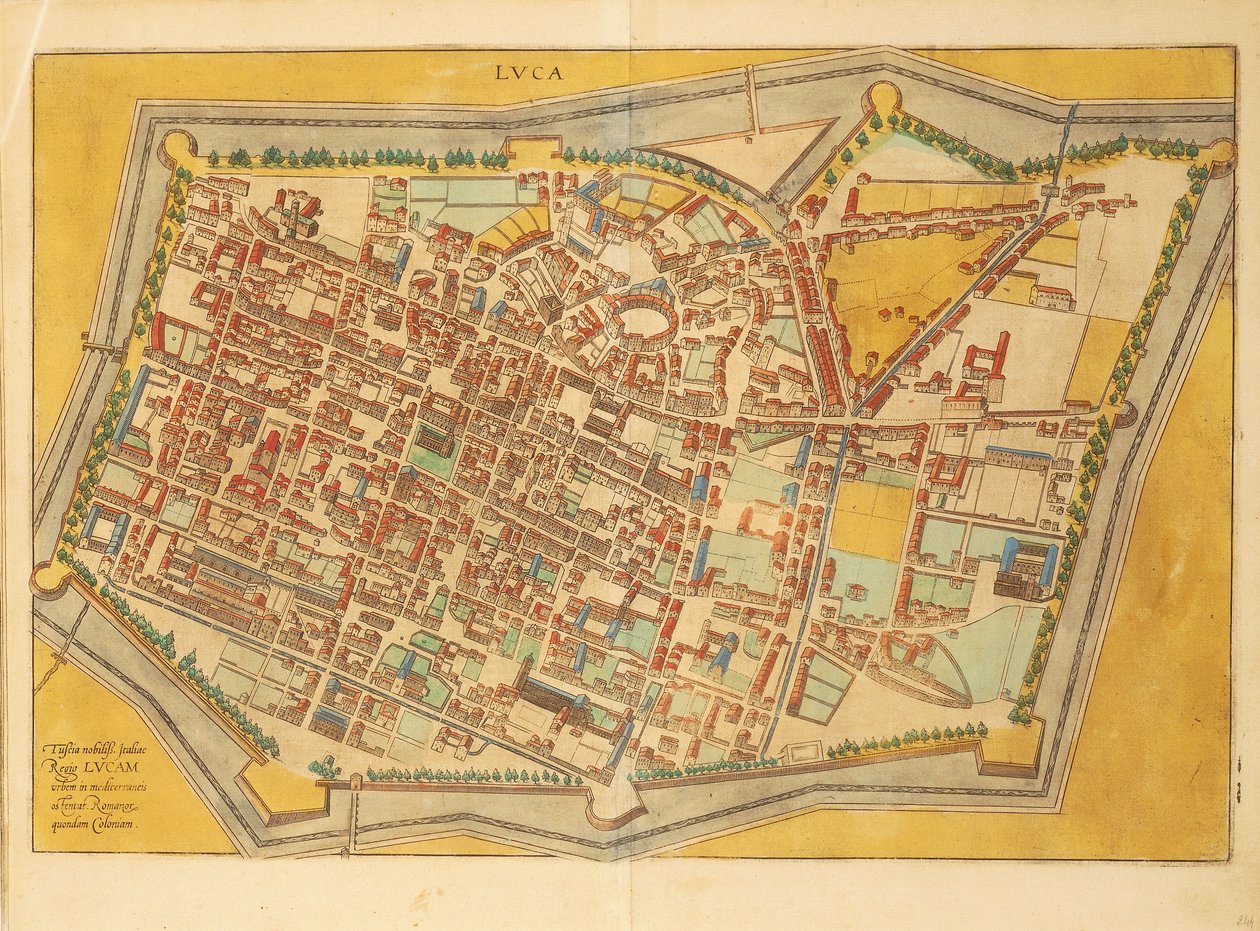 Kaart van Lucca uit Civitates Orbis Terrarum door Georg Braun and Hogenberg Franz