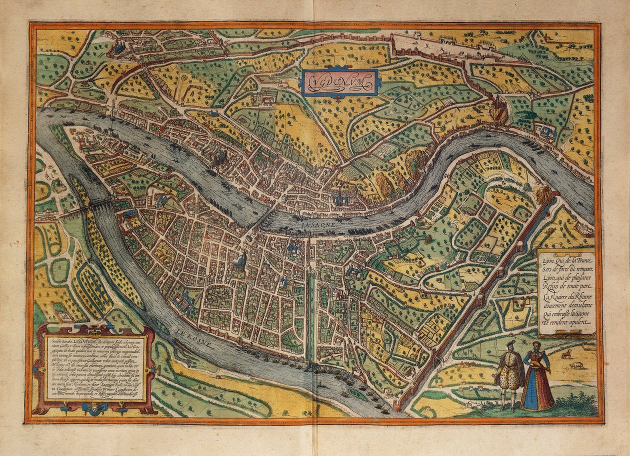 Kaart van Lyon, Frankrijk, uit Civitates Orbis Terrarum door Georg Braun and Hogenberg Franz