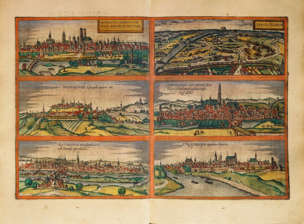 Kaart van München, Ingolstadt, Freising, Nordlingen, Regensburg en Straubing, Duitsland, uit Civitates Orbis Terrarum door Georg Braun door Georg Braun and Hogenberg Franz