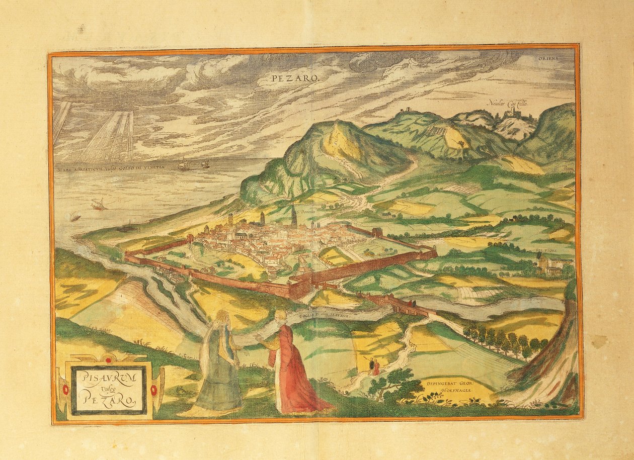 Kaart van Pesaro uit Civitates Orbis Terrarum door Georg Braun and Hogenberg Franz