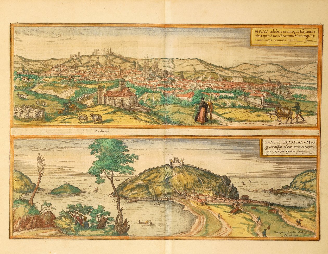 Kaart van San Sebastian en Burgos uit Civitates Orbis Terrarum door Georg Braun and Hogenberg Franz