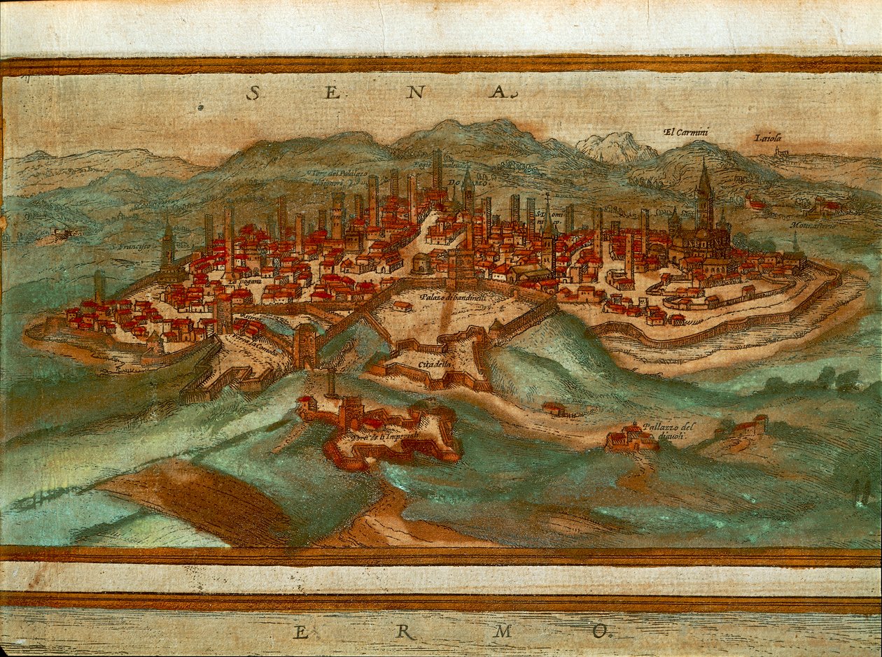 Kaart van Siena uit Civitates Orbis Terrarum door Georg Braun and Hogenberg Franz