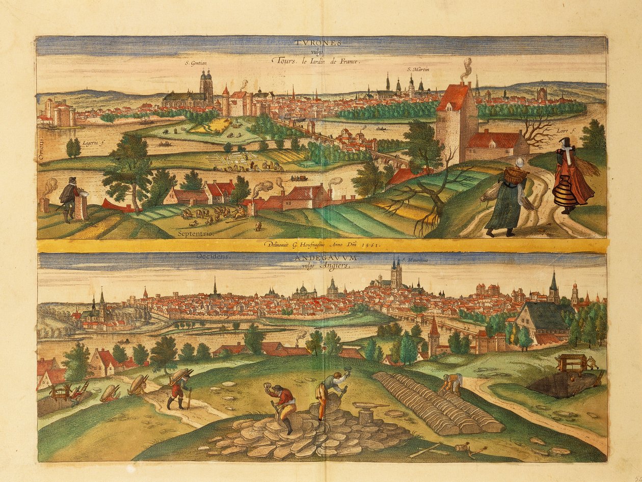 Kaart van Tours en Angers uit Civitates Orbis Terrarum door Georg Braun and Hogenberg Franz