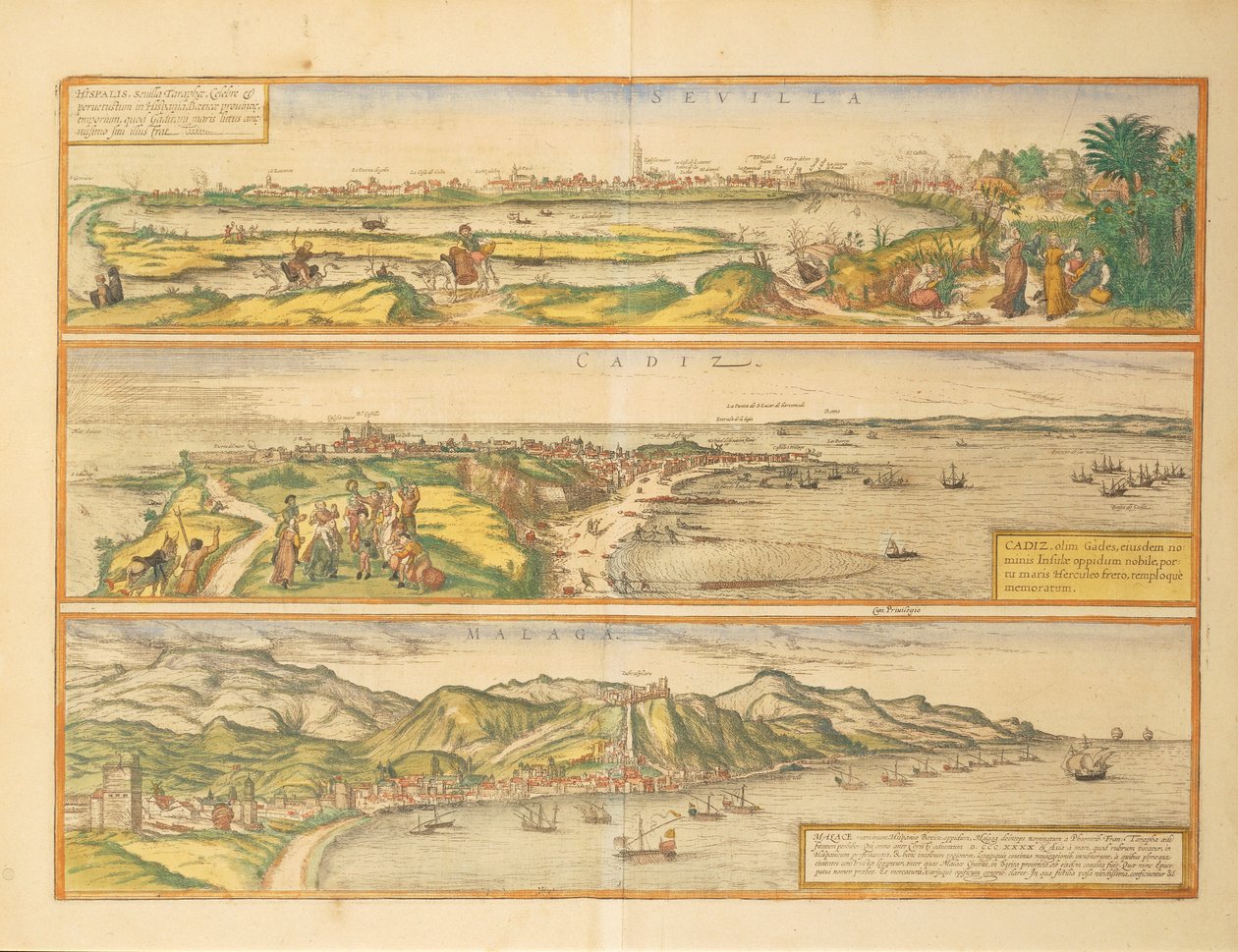 Kaarten van Sevilla, Cadiz en Malaga, Spanje, uit Civitates Orbis Terrarum door Georg Braun and Hogenberg Franz