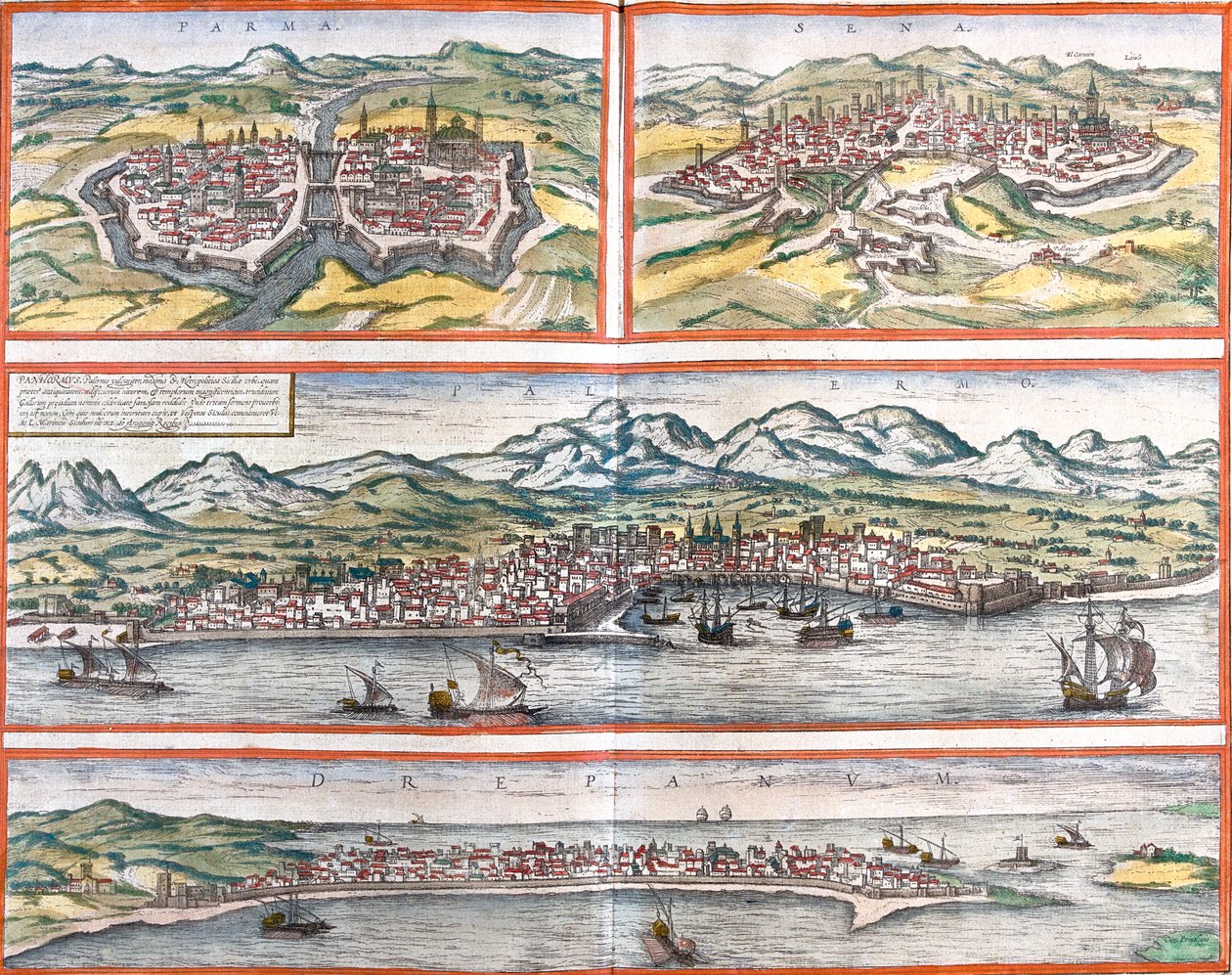 Parma, Siena, Palermo, Trapani, Italië door Georg and Hogenberg Franz (1535 90) Braun