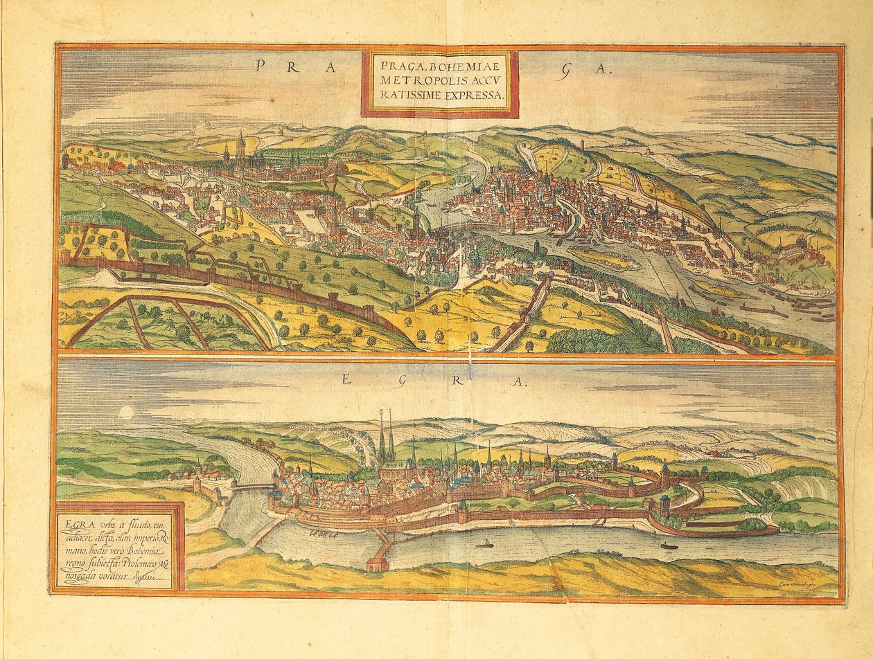 Praag en Cheb, Eger uit Civitates Orbis Terrarum door Georg Braun and Hogenberg Franz