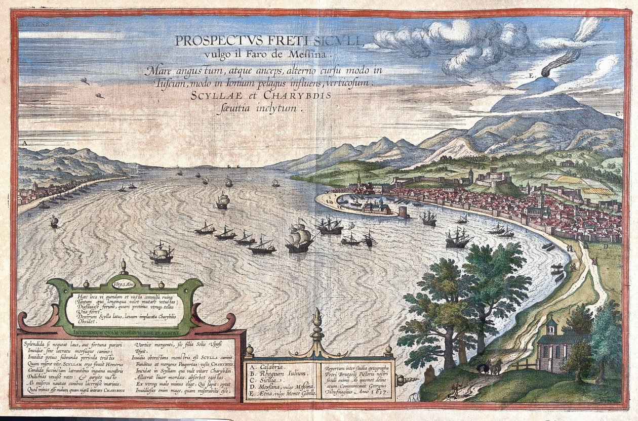 De Straat van Messina, tussen Sicilië en Calabrië (Italië) (gravure) door Georg Braun and Hogenberg Franz