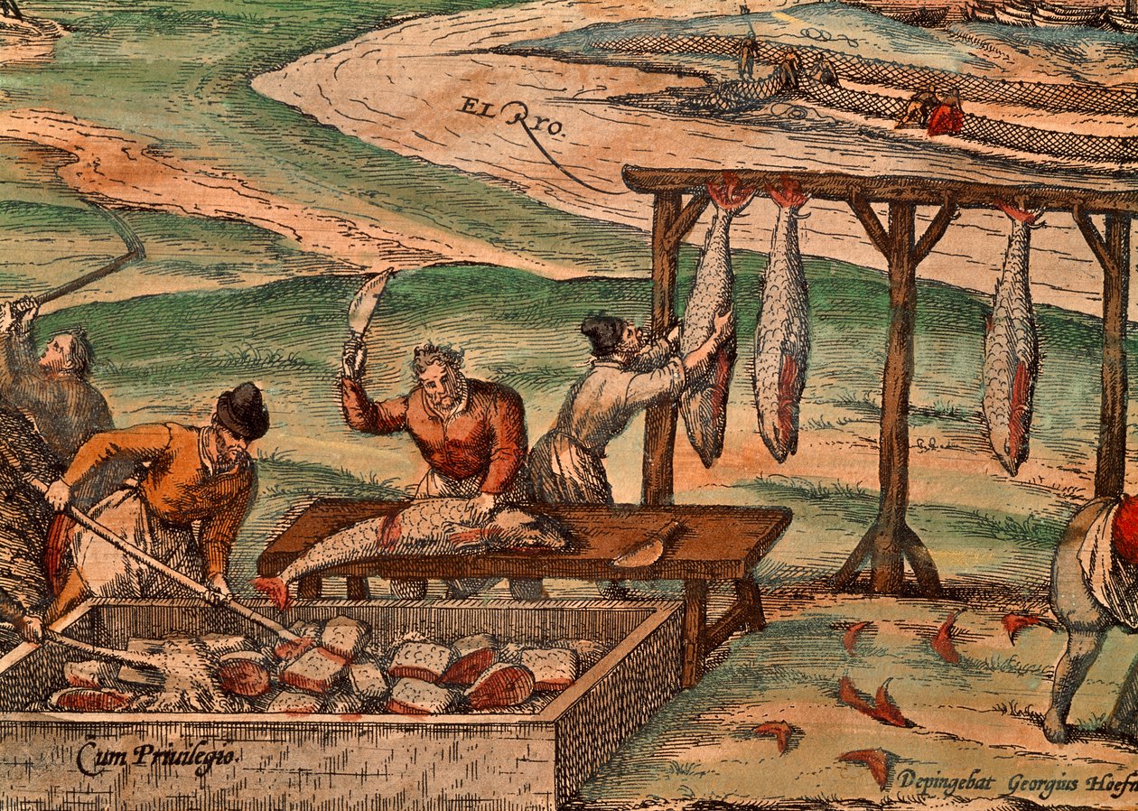 Tonijnverwerking, scène uit Civitates Orbis Terrarum door Georg Braun and Hogenberg Franz