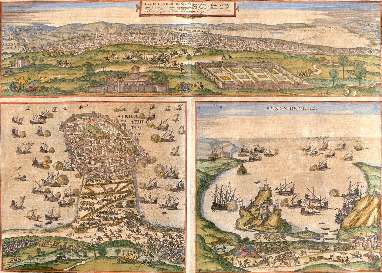 Tunis, Mahdia, Peñón de Vélez de la Gomera, Tunesië, Spanje, Marokko door Georg and Hogenberg Franz (1535 90) Braun