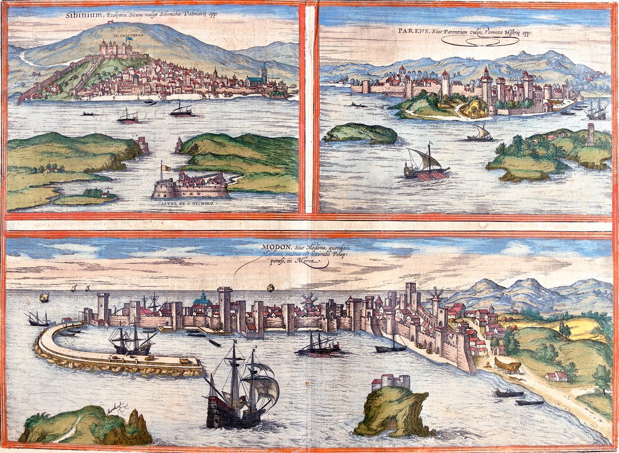 ibenik, Pore, Methoni, Kroatië, Griekenland door Georg and Hogenberg Franz (1535 90) Braun