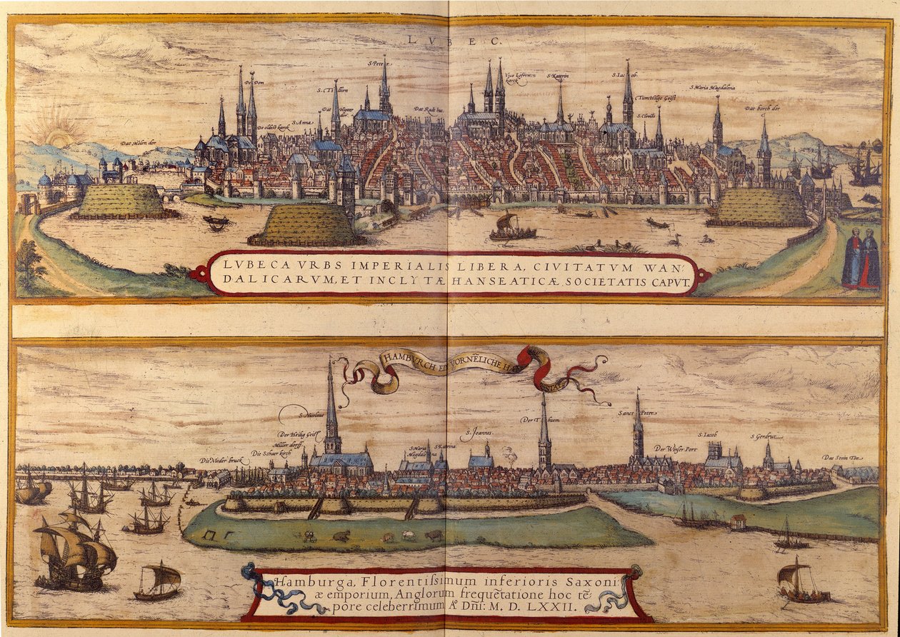 Bovenaanzicht van de stad Lübeck, onderaan de stad Hamburg in Duitsland. Gravure uit de Atlas van “Braun en Hogenberg” 1572 door Georg Braun and Hogenberg Franz