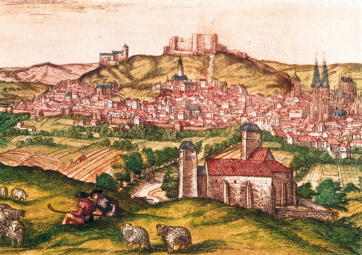 Stad Burgos in Spanje met herders en kudde schapen op de voorgrond (1576). Gravure in Civitatis Orbis Terrarum door Georg Braun and Hogenberg Franz
