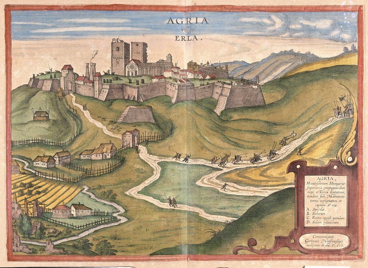 Eger, Hongarije (gravure) door Georg Braun and Hogenberg Franz