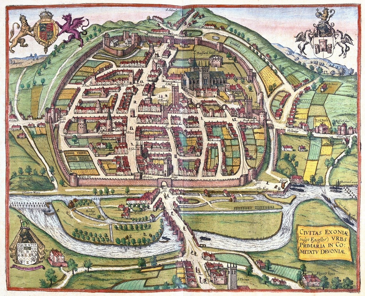 Exeter, Engeland door Georg Braun and Hogenberg Franz